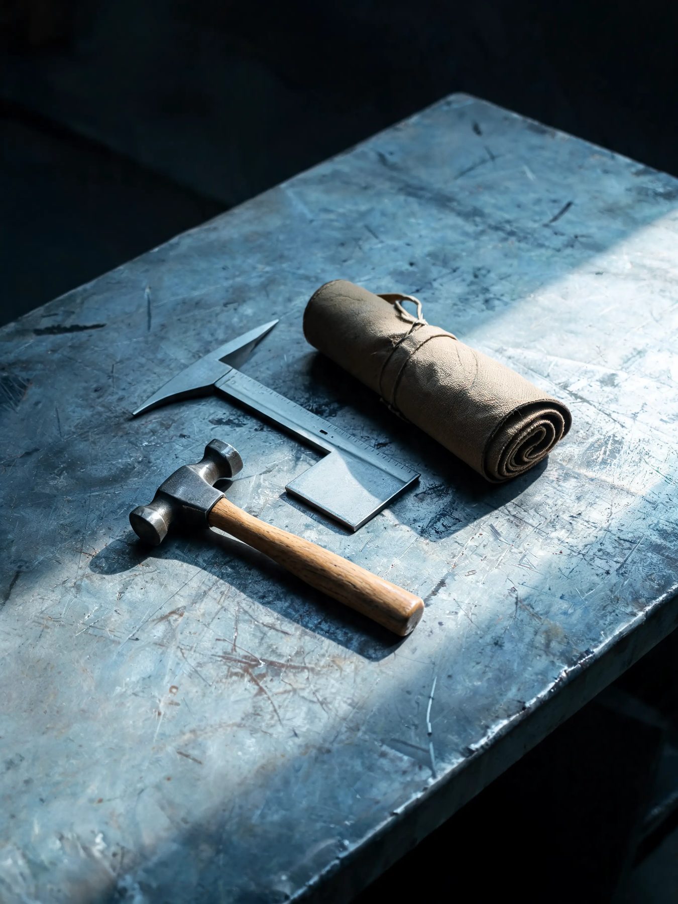 Hammer, combination square and canvas tool roll on a scarred steel bench